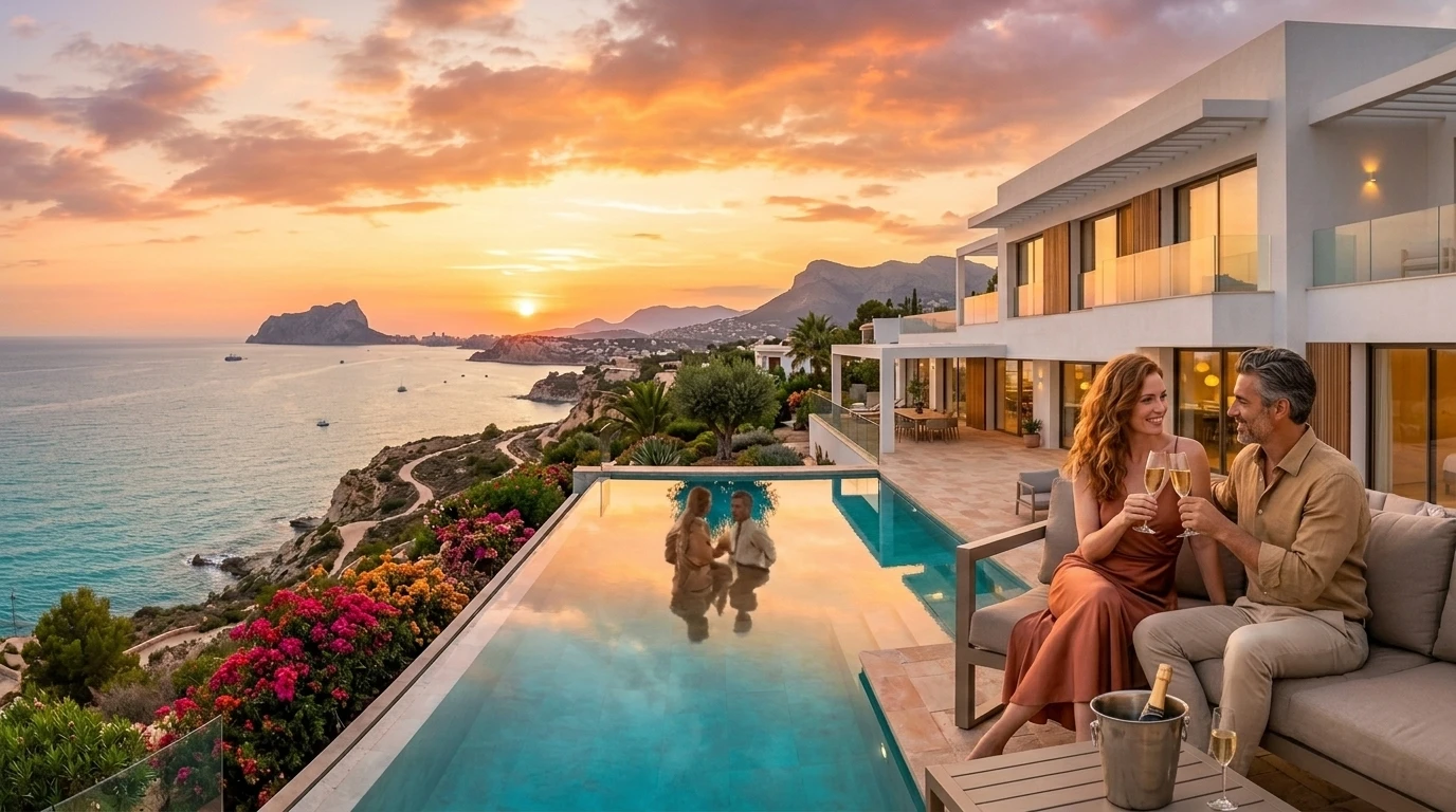 Pareja disfrutando del atardecer en su villa mediterránea
